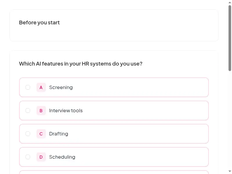 A question from the AI in hiring and people decisions: Fair, lawful and human-led feedback survey