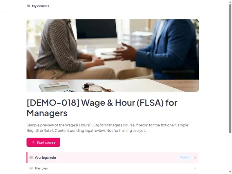 The Wage & hour (FLSA) for managers course as a learner first sees it