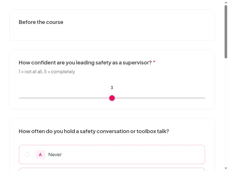 A question from the Safety leadership: Visible commitment from supervisors and managers feedback survey