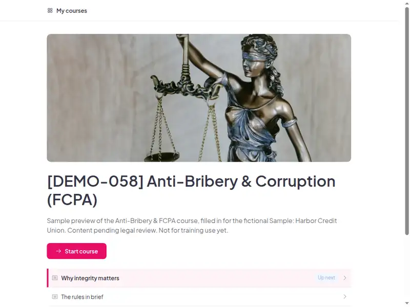 The Anti-bribery & corruption (FCPA) course as a learner first sees it