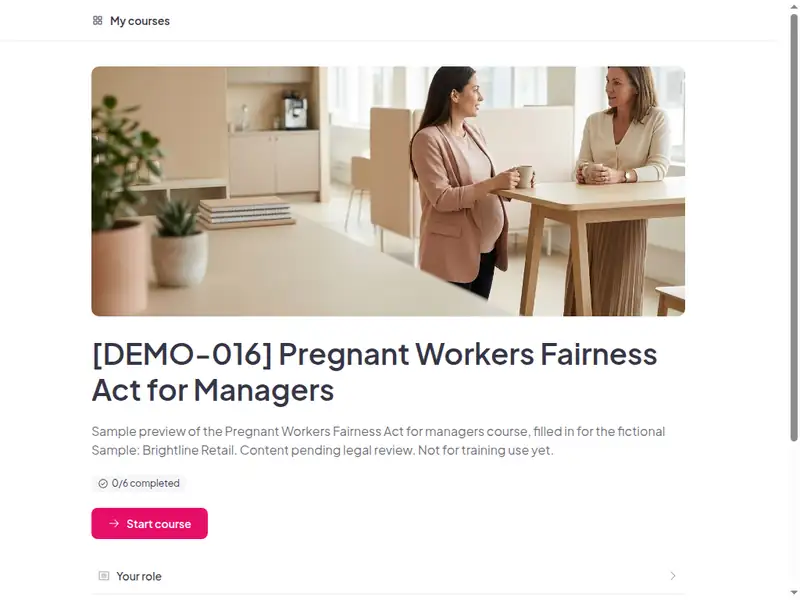 The Pregnant Workers Fairness Act for managers course as a learner first sees it