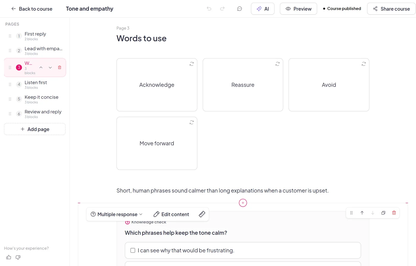 The lesson editor showing a page with flashcards and a knowledge check