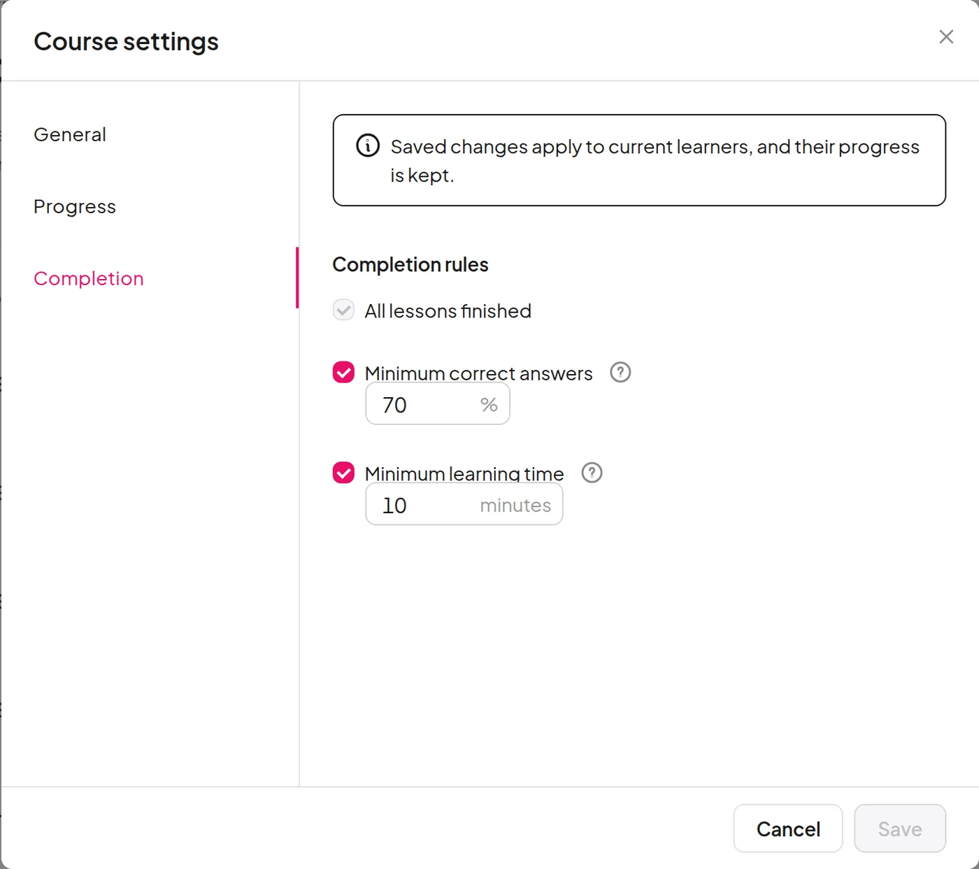 The course settings dialog with completion rules for correct answers and learning time