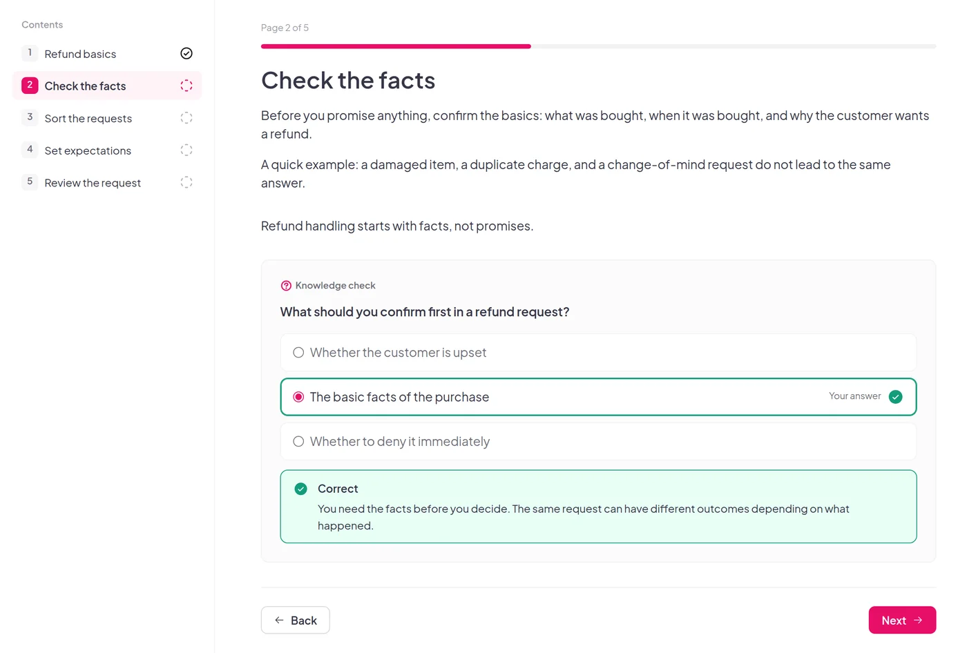 A learner answering a knowledge check in a lesson, with the answer marked correct