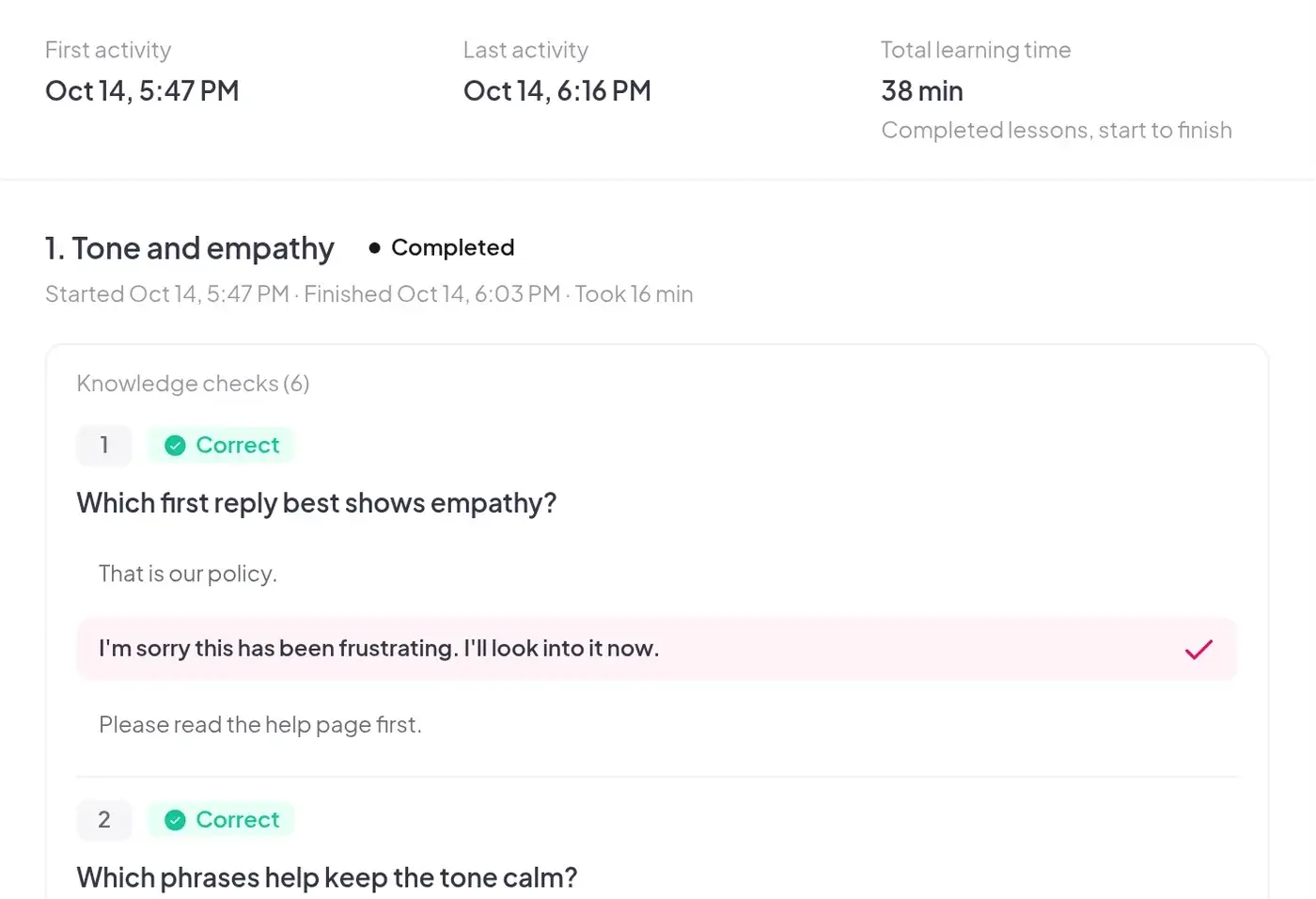 A learner activity record with first and last activity and per-lesson progress