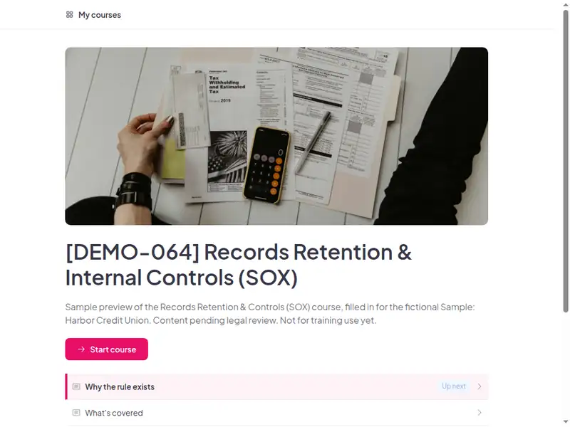 The Records retention & internal controls (SOX) course as a learner first sees it