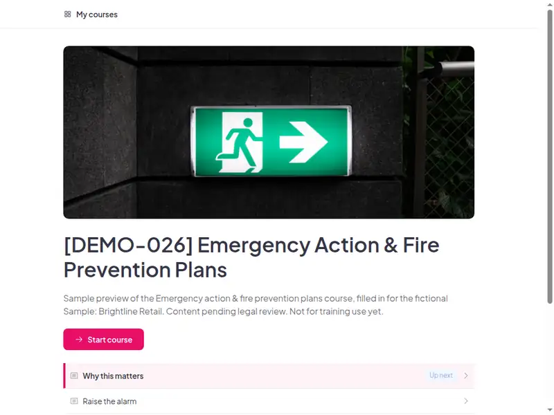 The Emergency action & fire prevention plans course as a learner first sees it