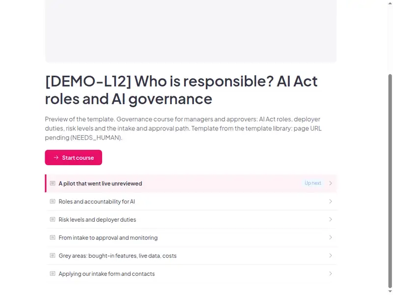 The lesson list of the Who is responsible? AI act roles, deployer duties and your organisation's AI governance course (2 of 3)