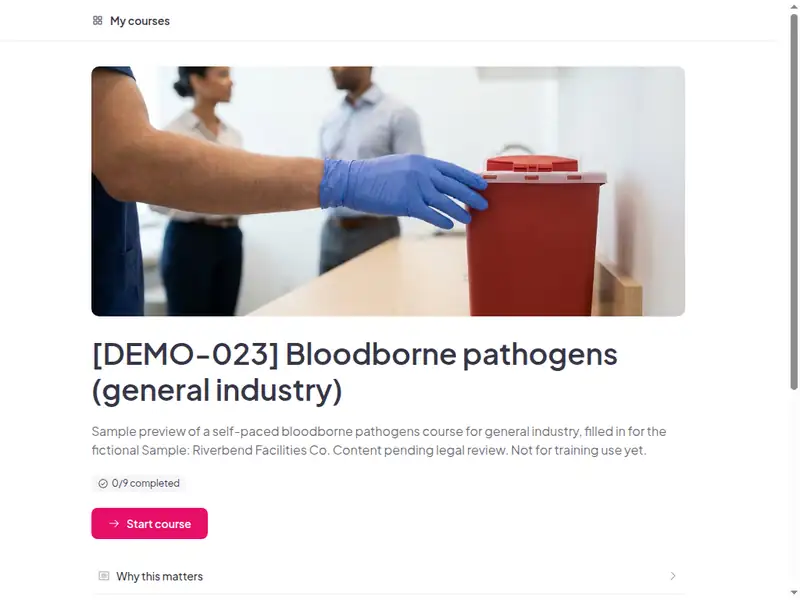 The Bloodborne pathogens (general industry) course as a learner first sees it (1 of 3)