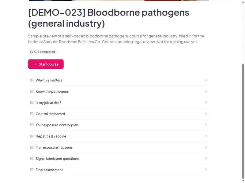 The lesson list of the Bloodborne pathogens (general industry) course (2 of 3)