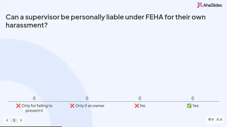 A slide from the California harassment prevention - Supervisors (2 hr) live session deck