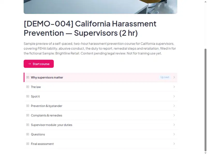 The lesson list of the California harassment prevention - Supervisors (2 hr) course (2 of 3)