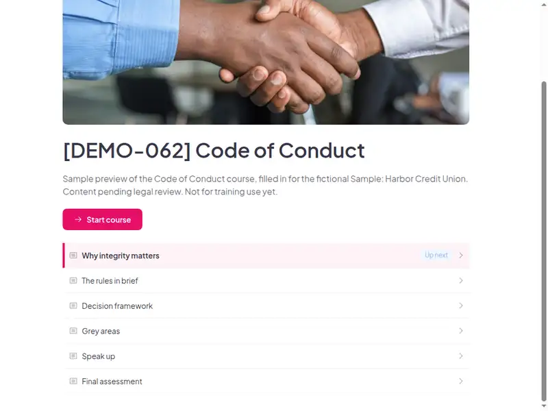 The lesson list of the Code of conduct course (2 of 3)