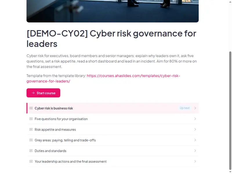 The lesson list of the Cyber risk governance for managers and boards course (2 of 3)