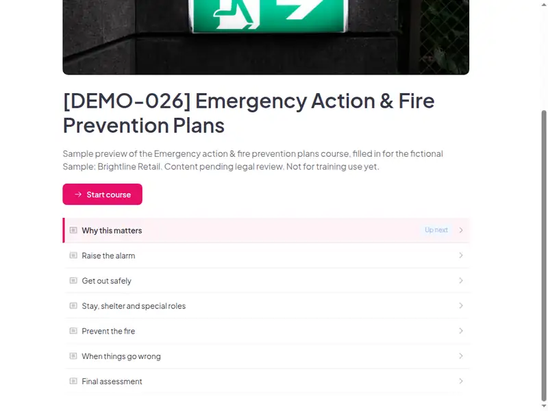 The lesson list of the Emergency action & fire prevention plans course (2 of 3)