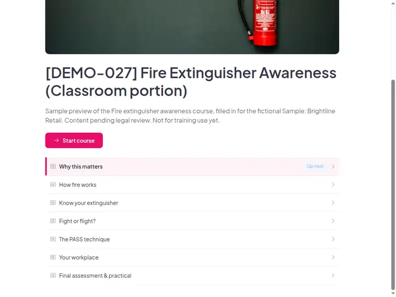 The lesson list of the Fire extinguisher awareness (classroom portion) course (2 of 3)
