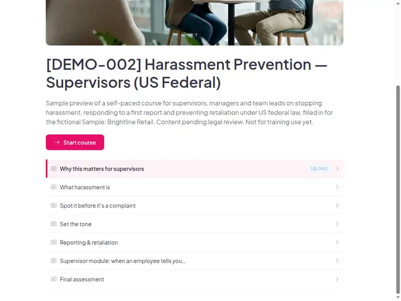 The lesson list of the Harassment prevention - Supervisors (US federal) course (2 of 3)
