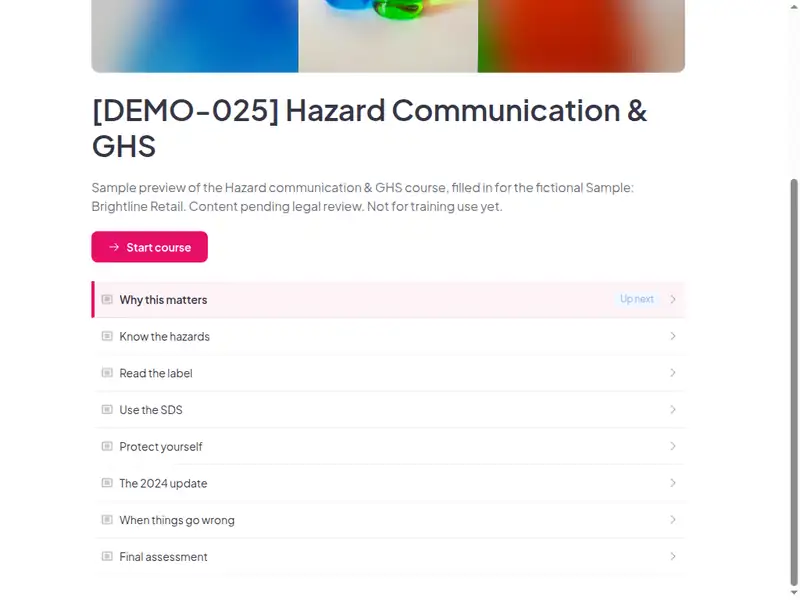 The lesson list of the Hazard communication & GHS course (2 of 3)