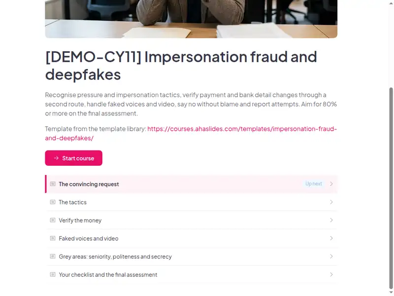 The lesson list of the Social engineering, fraud and deepfakes: Phone, payment and impersonation scams course (2 of 3)