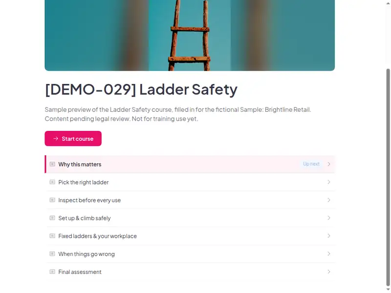 The lesson list of the Ladder safety course (2 of 3)