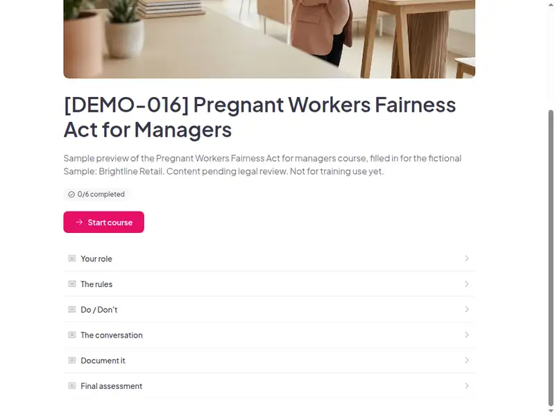 The lesson list of the Pregnant Workers Fairness Act for managers course (2 of 3)