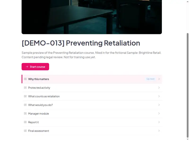 The lesson list of the Preventing retaliation course (2 of 3)