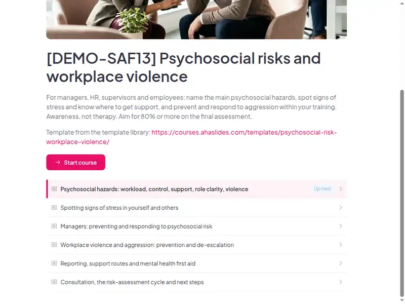 The lesson list of the Psychosocial risks, mental health at work and workplace violence course (2 of 3)
