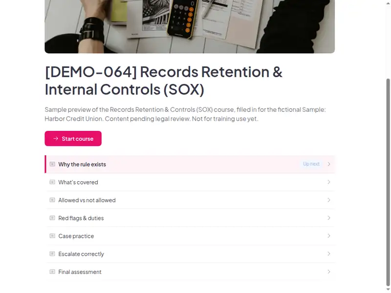 The lesson list of the Records retention & internal controls (SOX) course (2 of 3)