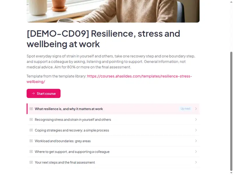 The lesson list of the Resilience, stress and wellbeing at work course (2 of 3)