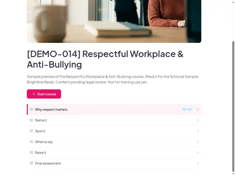 The lesson list of the Respectful workplace & anti-bullying course (2 of 3)
