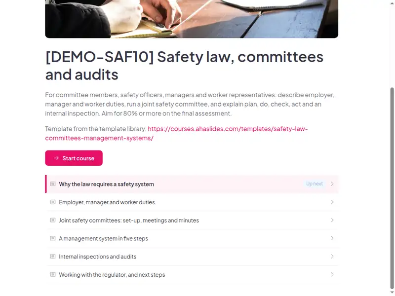 The lesson list of the Safety law, committees, management systems and audits course (2 of 3)