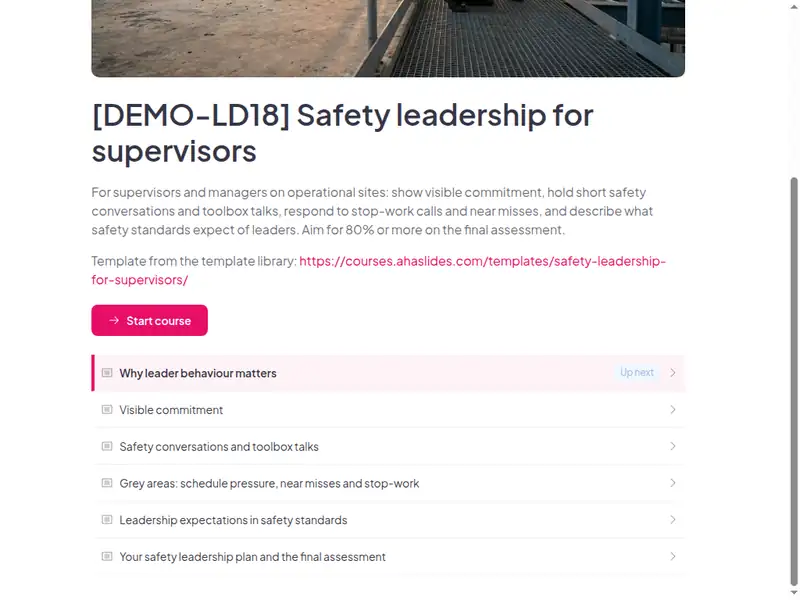 The lesson list of the Safety leadership: Visible commitment from supervisors and managers course (2 of 3)