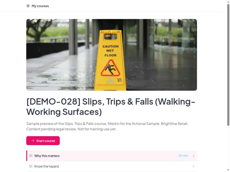The Slips, trips & falls (walking-working surfaces) course as a learner first sees it (1 of 3)