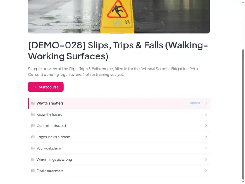 The lesson list of the Slips, trips & falls (walking-working surfaces) course (2 of 3)