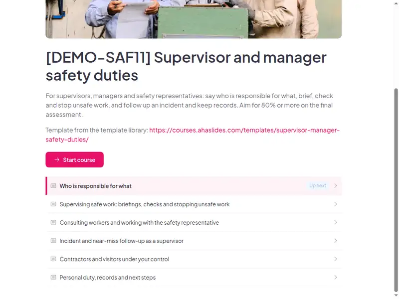 The lesson list of the Supervisor, manager and safety representative duties course (2 of 3)