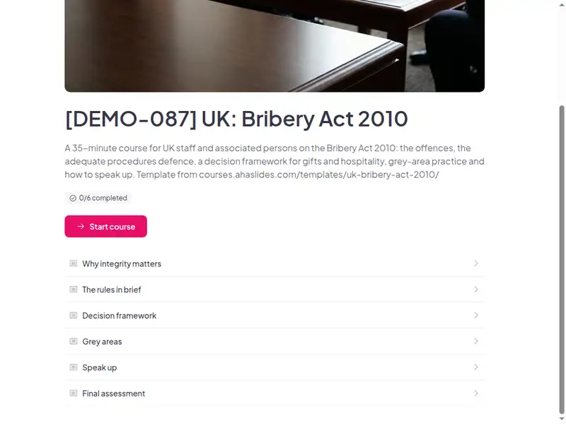 The lesson list of the UK: Bribery act 2010 course (2 of 3)