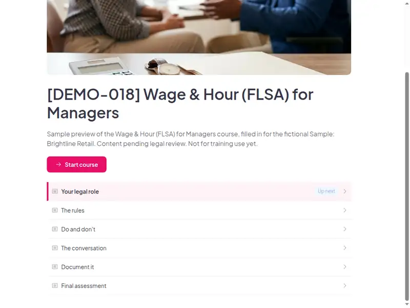 The lesson list of the Wage & hour (FLSA) for managers course (2 of 3)