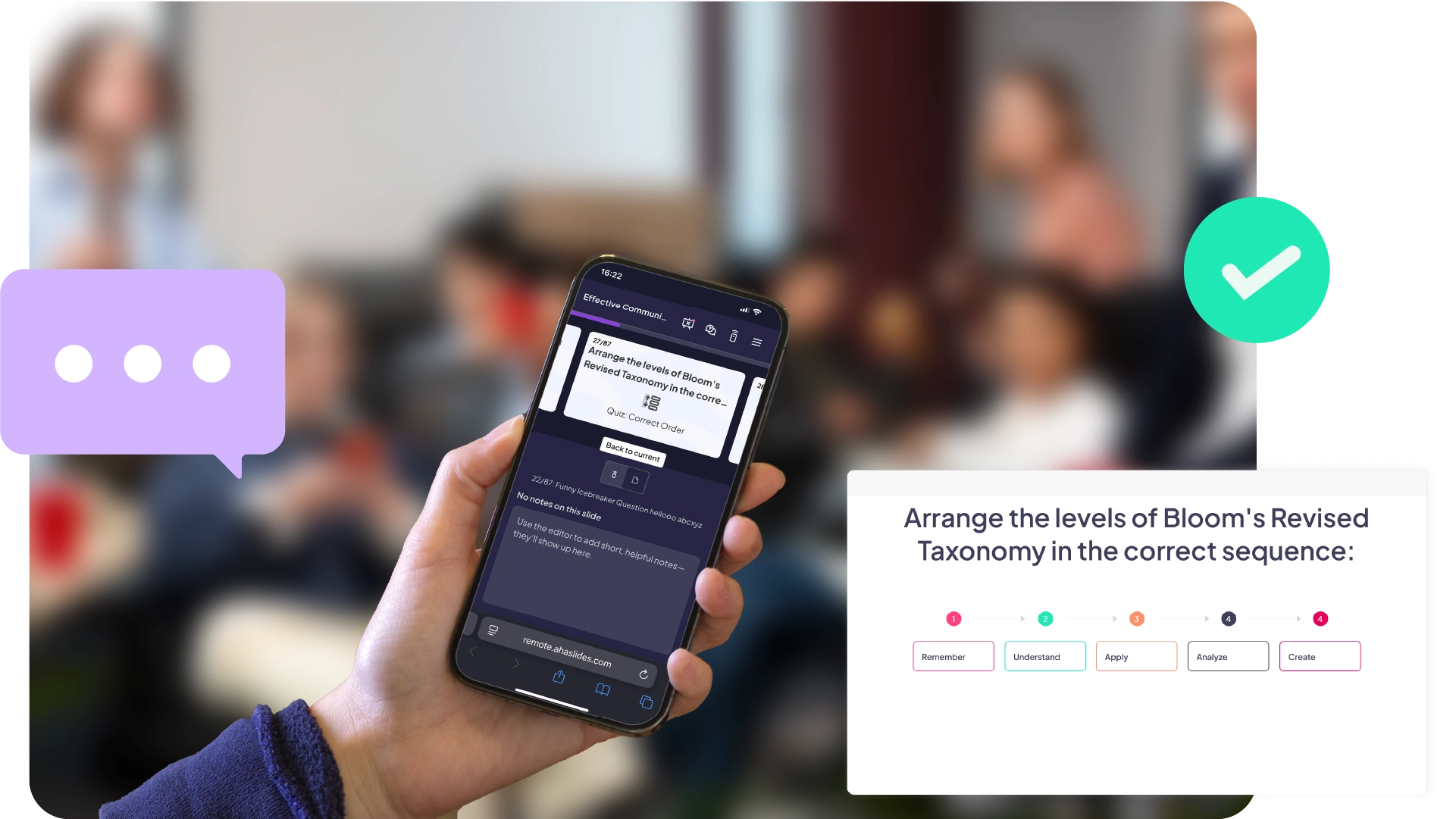 Woman at her laptop with a satisfied expression, responding to a prompt to rate AhaSlides.