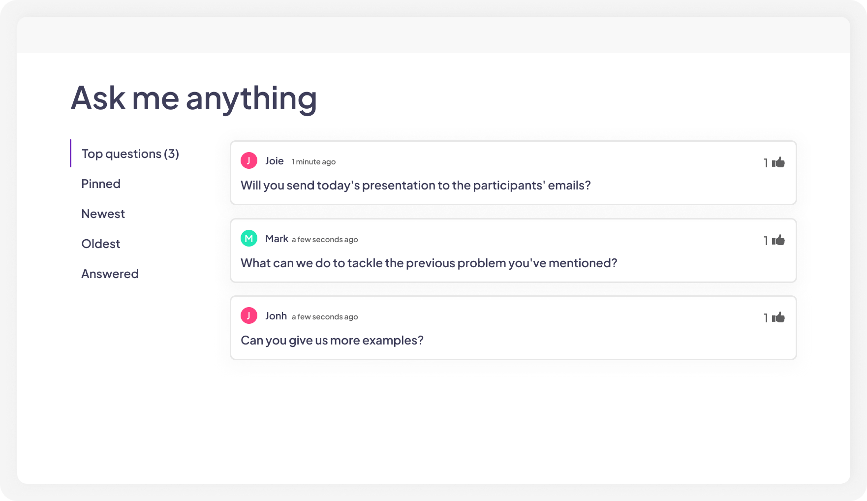 Unha pantalla que mostra as preguntas dos participantes coa opción de votar positivamente e marcar como respondidas en AhaSlides