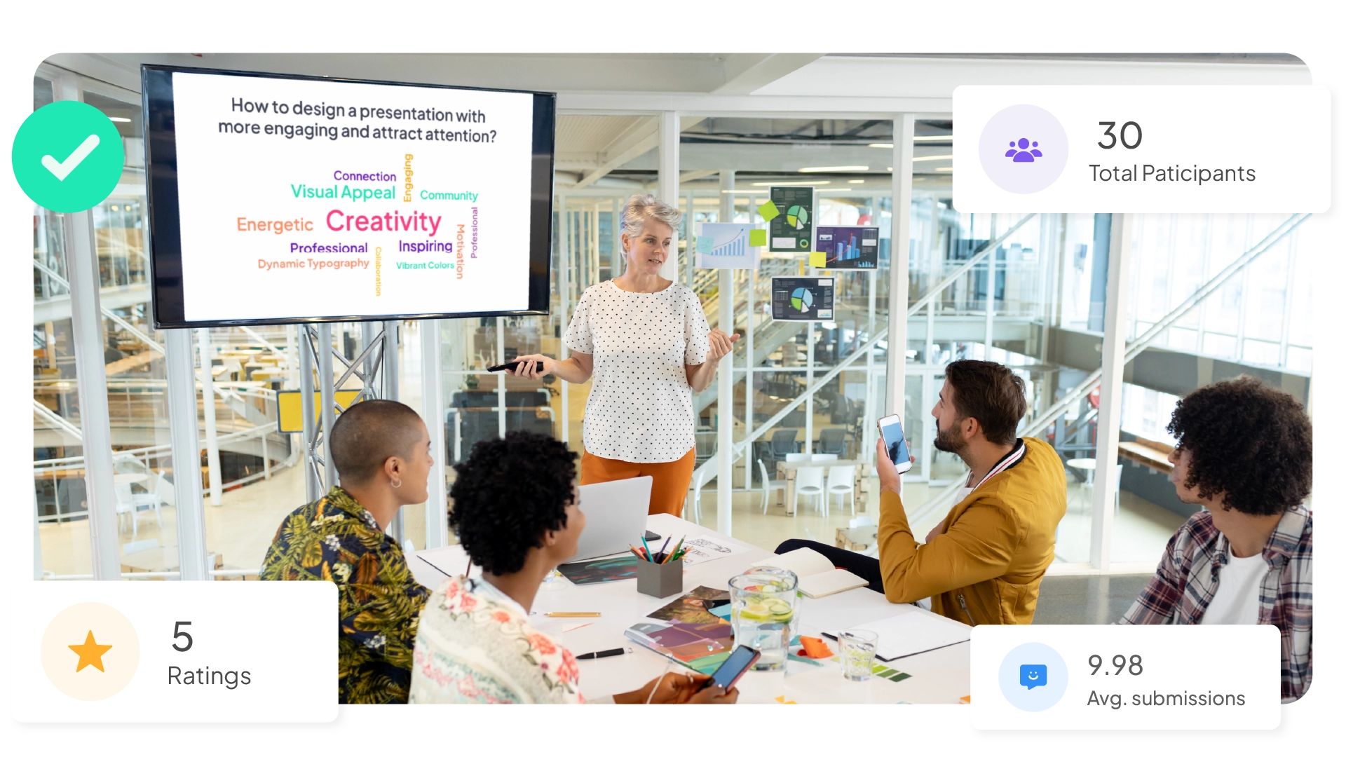 Trainer presenting to a group of participants, with badges showing participant count, ratings, and submissions.