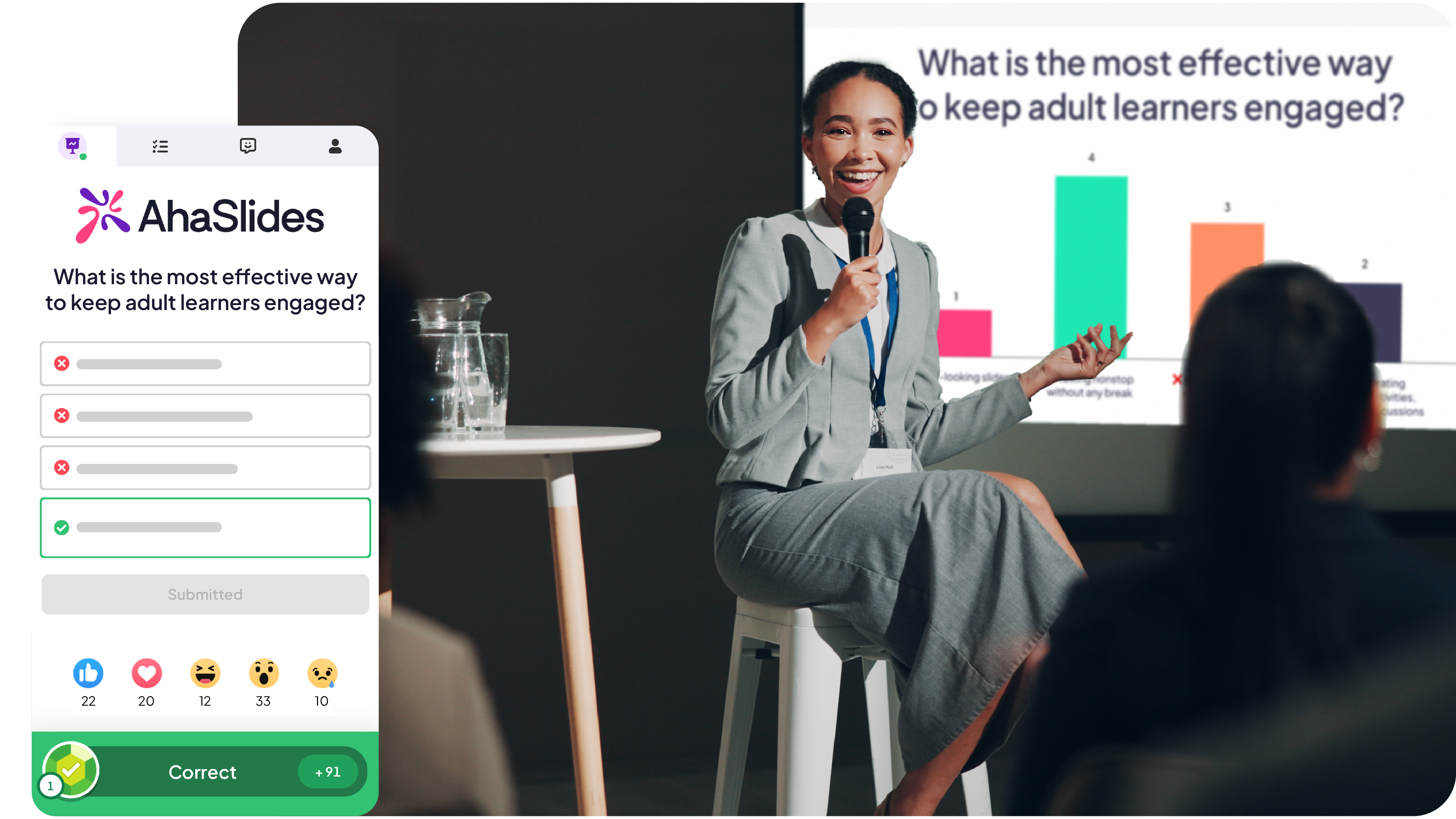A speaker presenting to the crowd using AhaSlides interactive presentation platform