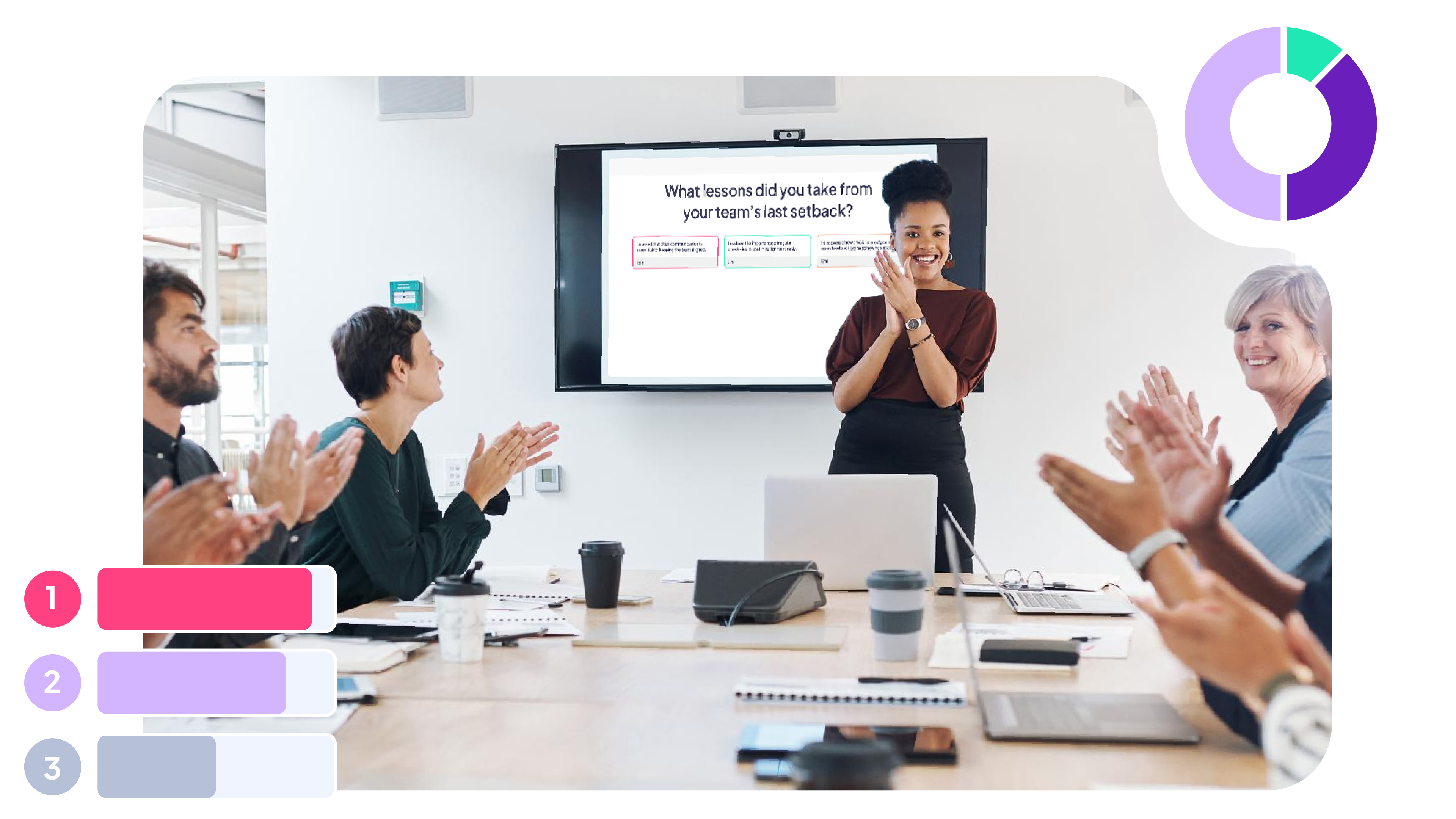 टेबलाभोवती बसलेले लोक खोलीच्या समोर असलेल्या सादरकर्त्याचे कौतुक करत आहेत.