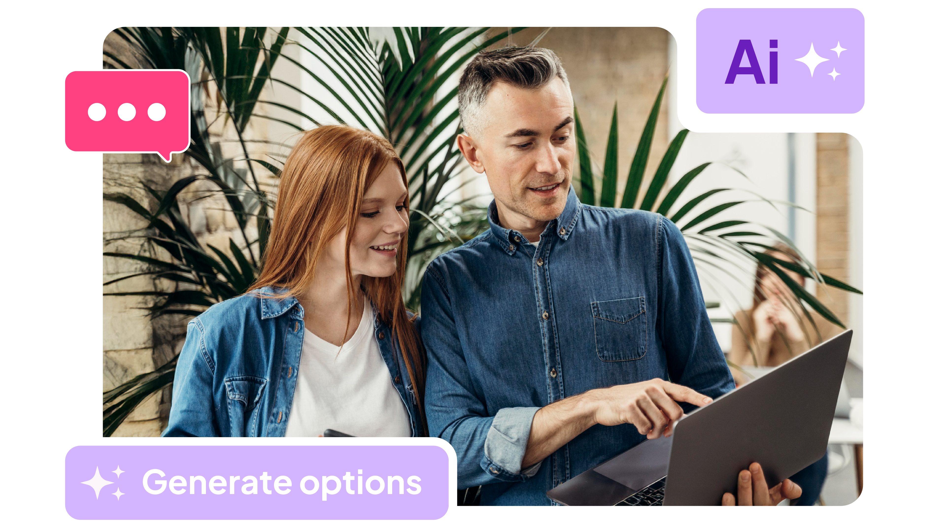 दोन लोक लॅपटॉपकडे पाहत आहेत ज्याभोवती एआय ऑप्शन बटणे आहेत.