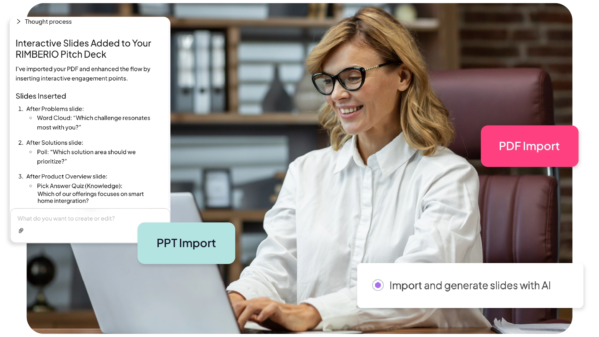 पीडीएफ, पीपीटी आणि एआय इम्पोर्ट बटणे प्रदर्शित असलेला लॅपटॉप वापरणारी महिला.