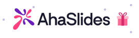 AhaSlides Christmas logo with abstract colorful shapes and a pink gift box icon on a white background.