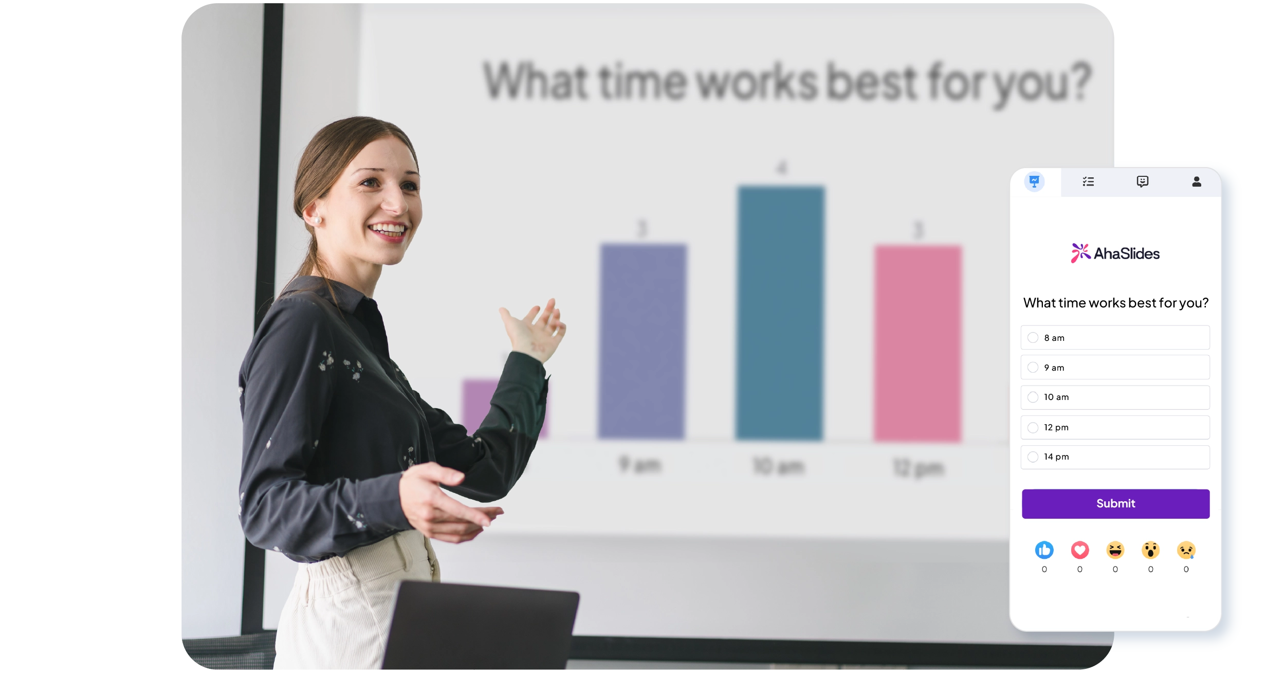 Az AhaSlides online közvélemény-kutatáskészítője a közönség véleményének összegyűjtésére és a viták elindítására szolgál