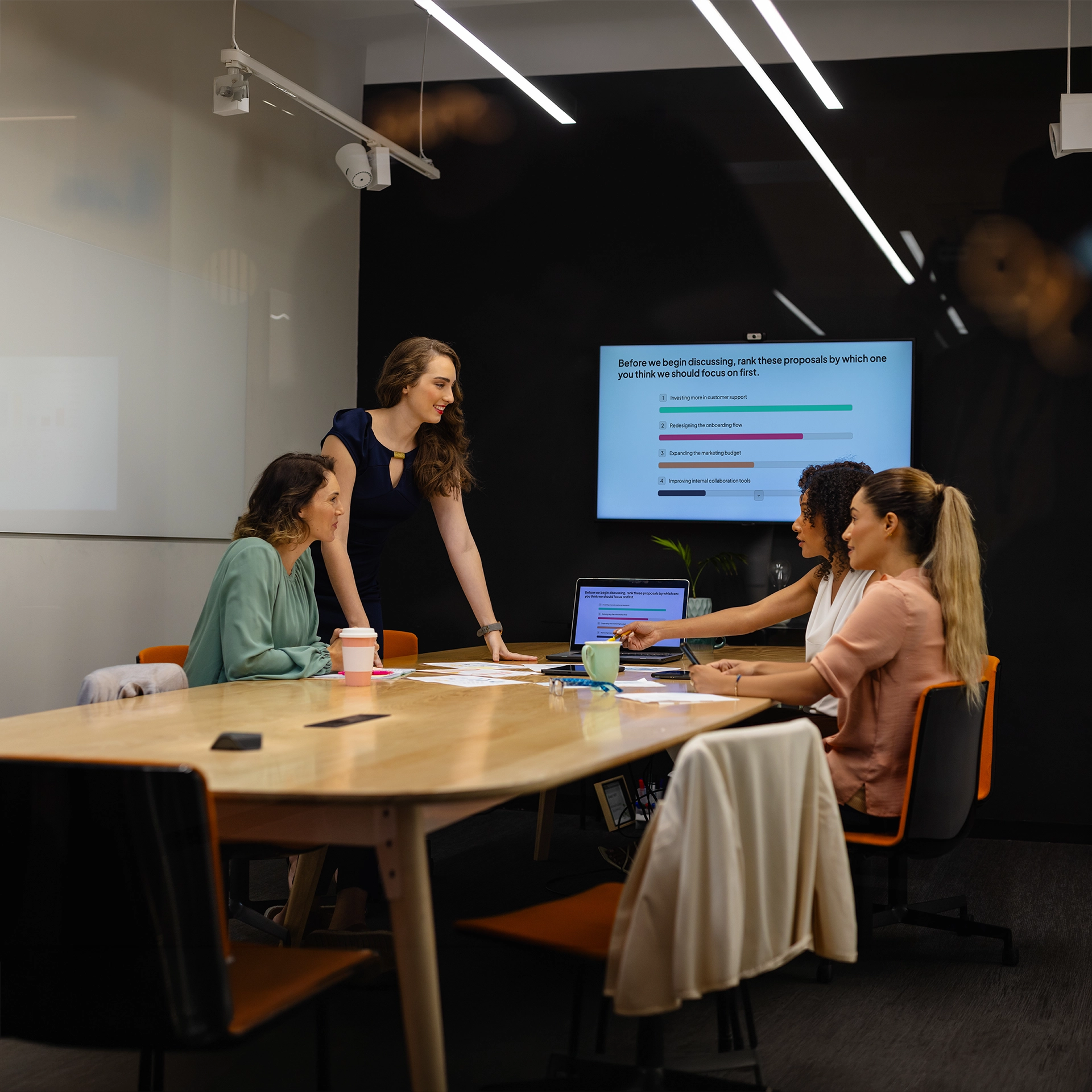 A team in a meeting using AhaSlides ranking poll to compare initiatives and rank priorities
