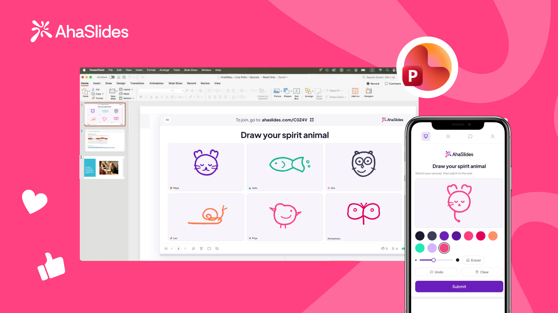 AhaSlides 'Draw your spirit animal' activity inside a PowerPoint slide, with a phone showing the drawing tool