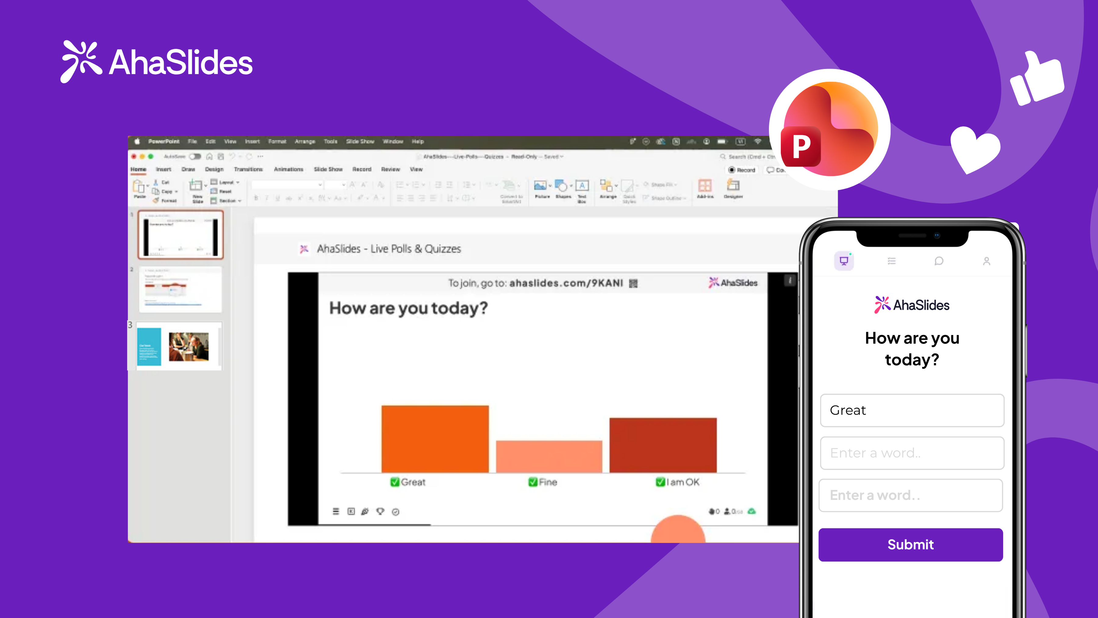 AhaSlides live poll 'How are you today?' running inside a PowerPoint slide, with a phone showing the answer screen