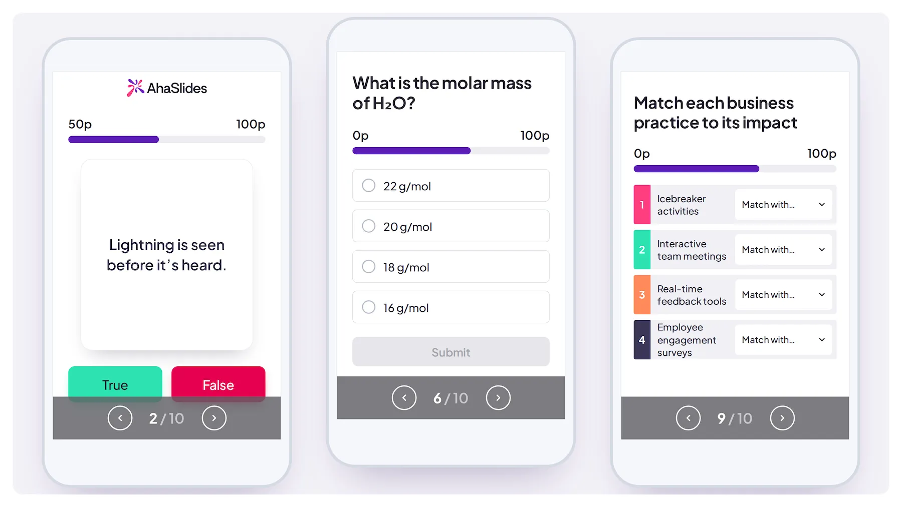 AhaSlides-тің телефондардағы өздігінен орындалатын викторинасы, ақиқат немесе жалған, бірнеше таңдау нұсқасы бар және сәйкес келетін сұрақтарды көрсетеді